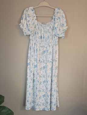 Grace Karin - White Floral Puff Sleeve Midi Dress with Blue & Green Print
